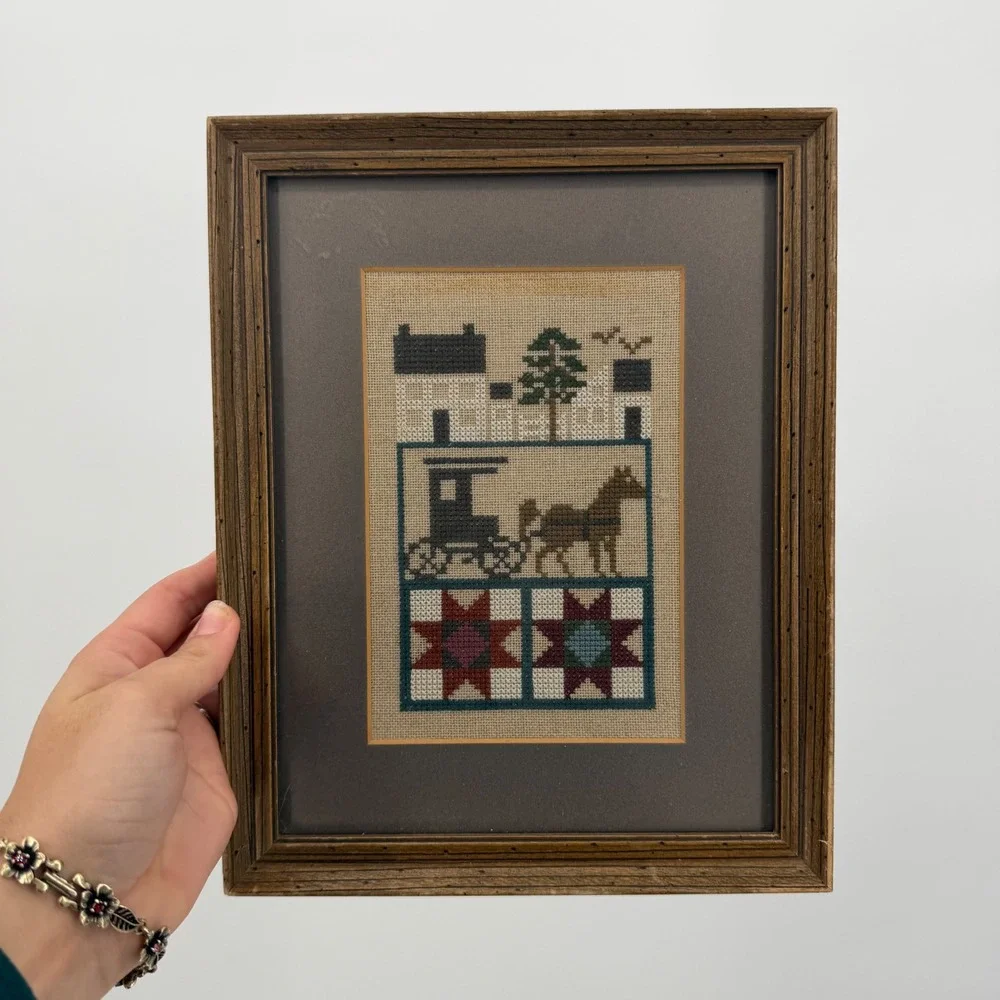 Vintage Framed Cross Stitch Sampler Primitive Folk Art Horse Carriage Quilt Star